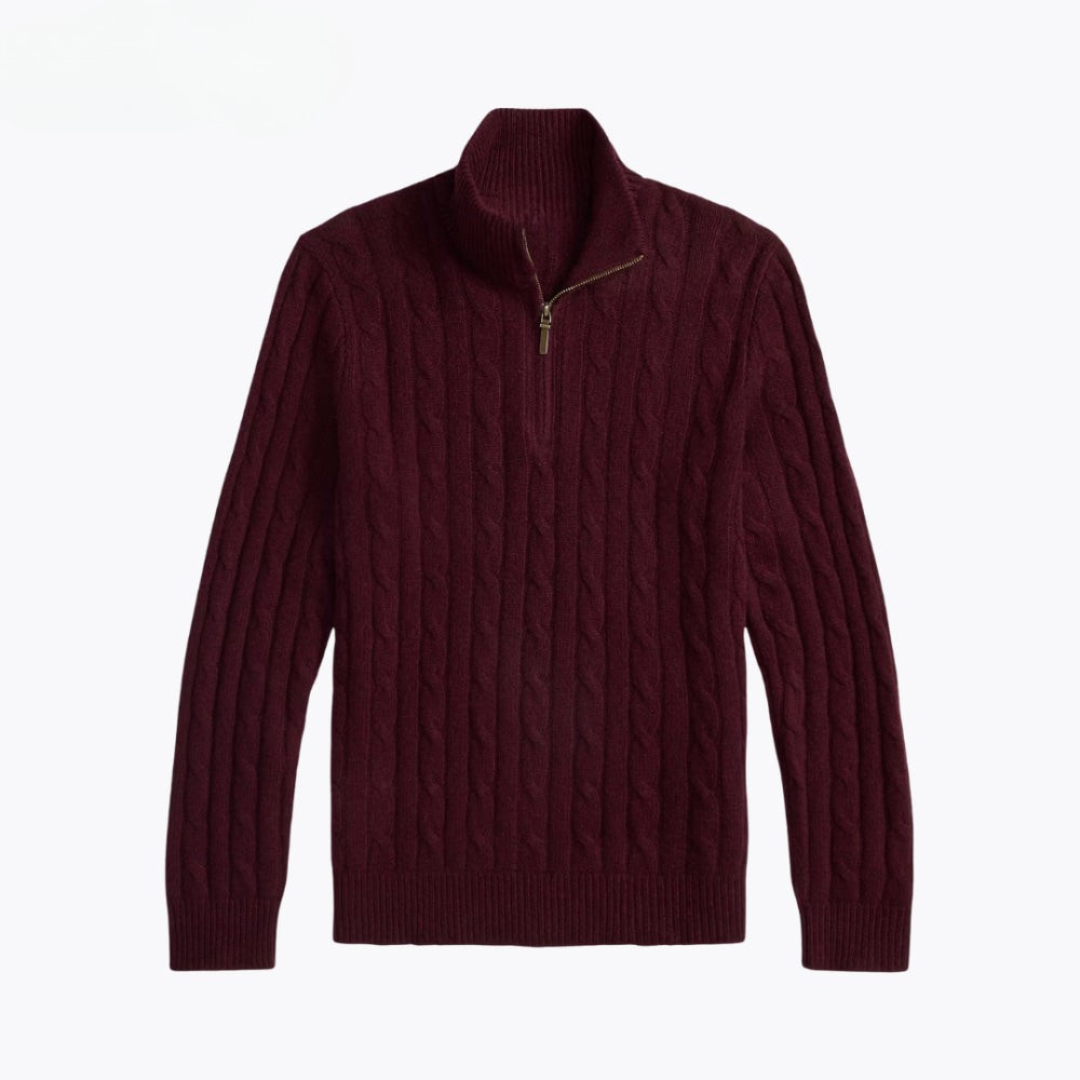 Zopfstrick-Kaschmir-Viertelreißverschluss-Pullover